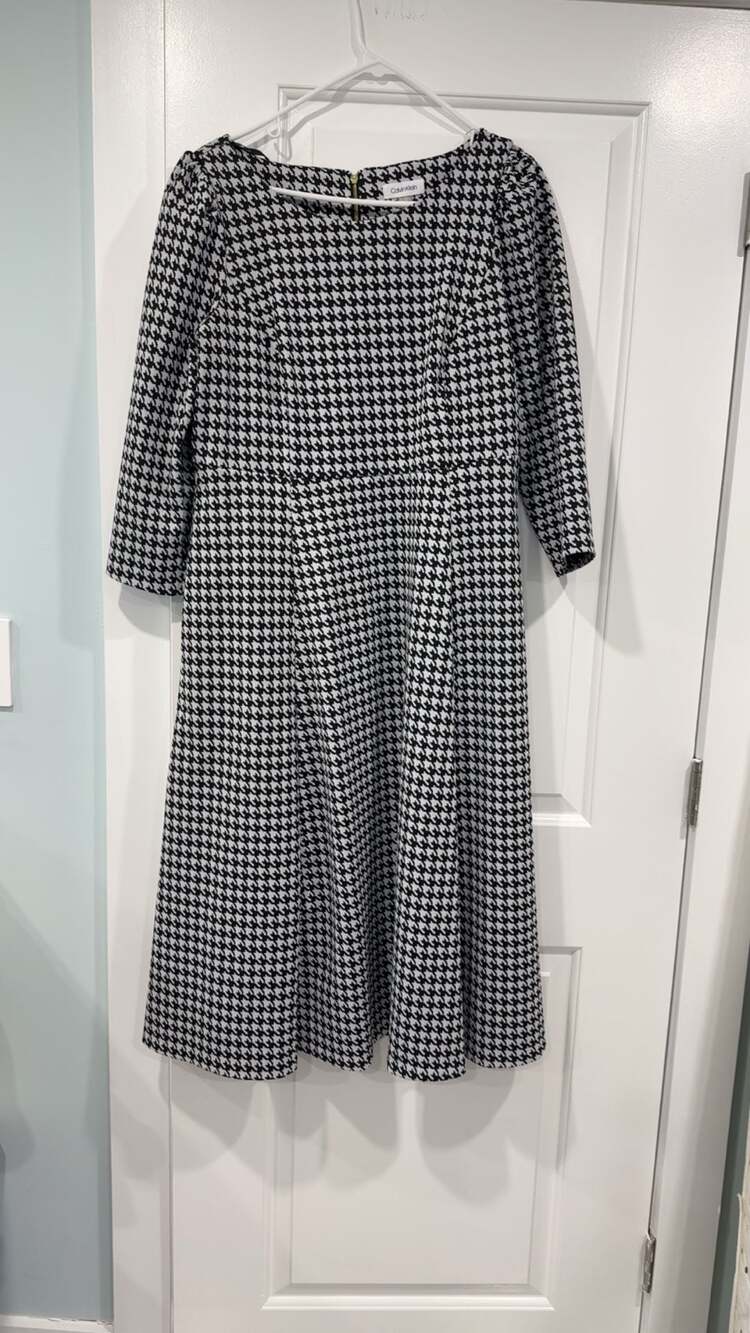 Calvin Klein Black and White Houndstooth 3/4 Sleeve A-Line Dress Size 14